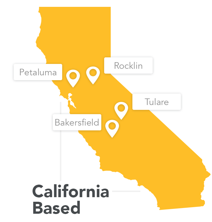 Map of California showing the locations of Petaluma, Rocklin, Bakersfield and Tulare.