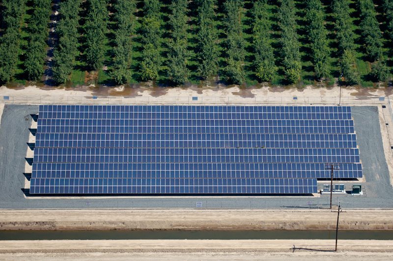 Aerial view of a ground-mounted agricultural solar installation surrounded by rows of almond crop trees.