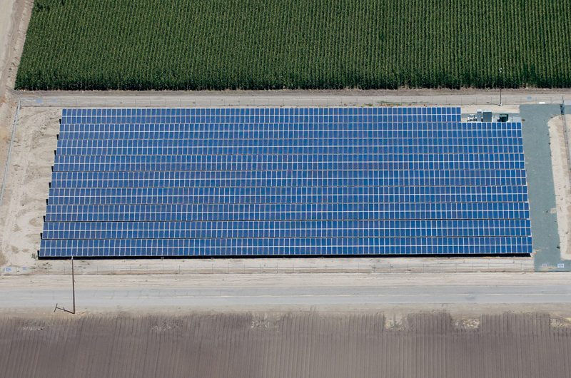 Aerial view of rows of blue solar panels in a solar installation on agricultural land adjacent to rows of green crops.