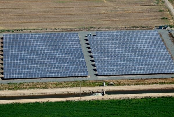 Horizontal rows of solar panels in a solar farm on agricultural land with green crops in the foreground.