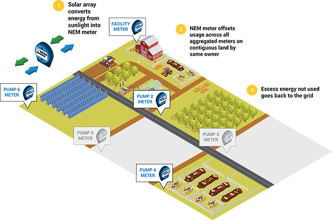 Illustration of how an agricultural solar array converts energy from sunlight into net energy metering.
