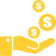 Yellow and white graphic icon of money being put into someone's hand.