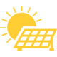 Graphic icon in yellow and white depicting a sun shining over solar panels.
