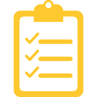 Graphic icon in yellow and white depicting a checklist on a clipboard.