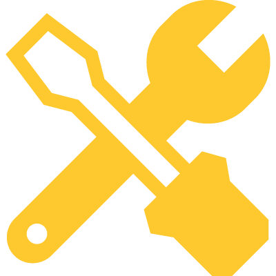 Graphic icon in yellow and white depicting a wrench and screwdriver crossed over one another.
