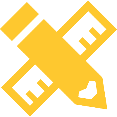 Graphic icon in yellow and white depicting a pencil and ruler crossed over one another.