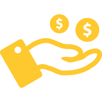 Graphic icon in yellow and white depicting money being put in a person's hand.