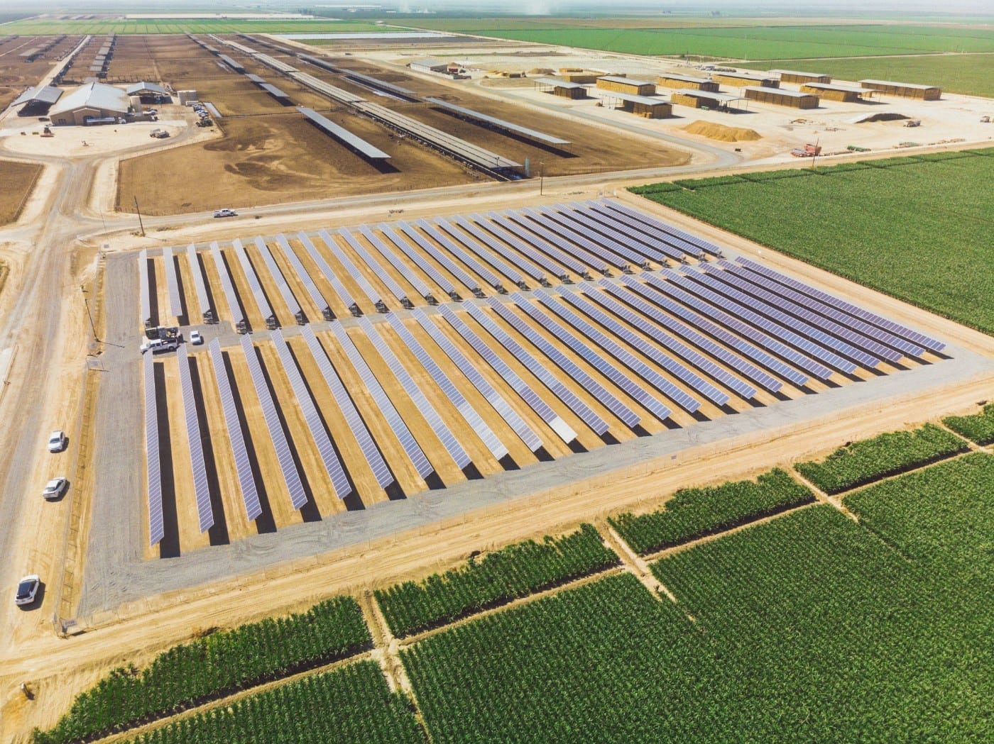 Aerial view of large ground-mounted solar panel installation at John Scheenstra Dairy surrounded by livestock pens, hay bales and green pastures in Wasco, California.