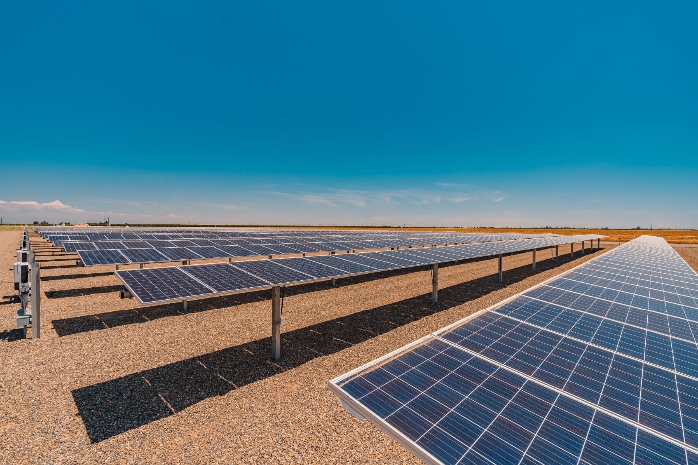Rows of ground-mounted solar panels against a blue sky at the De Jager Farms South in Chowchilla, California.
