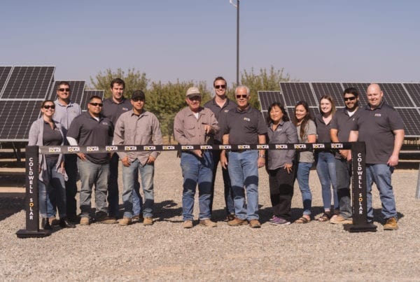 A group of employees from the Dan Habib Ranch in Fresno, California, standing at a ribbon cutting ceremony in front of rows of newly constructed solar panels.