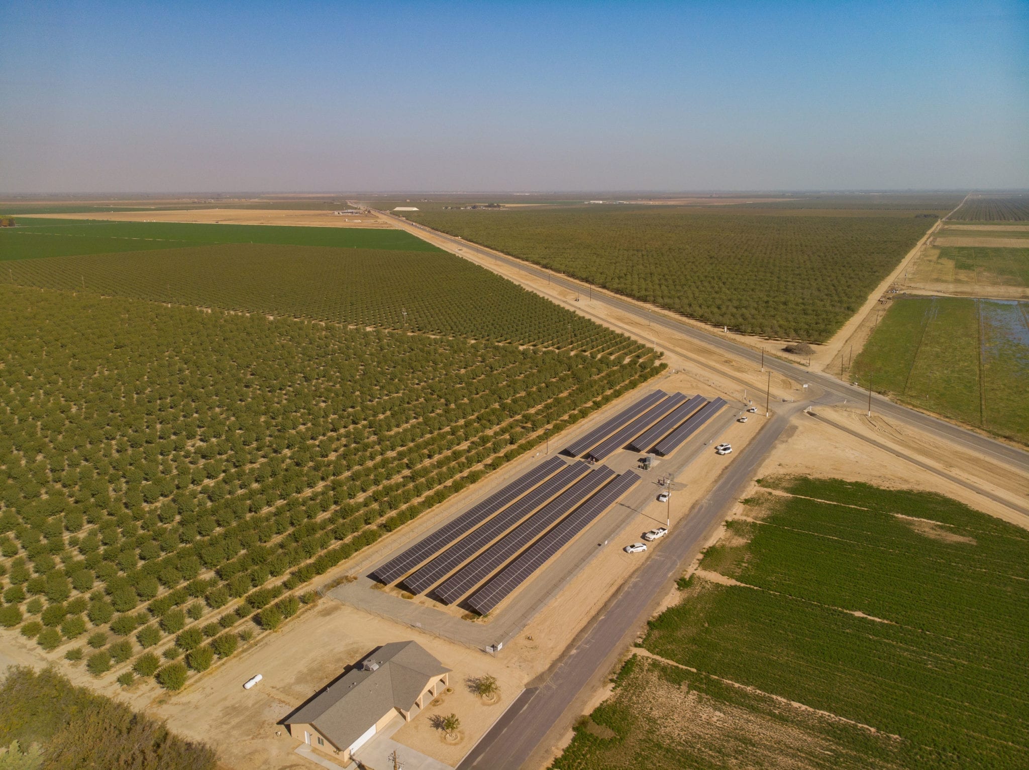 Aerial view of the solar system and surrounding crop and farm land at the Dan Habib Ranch in Fresno, California.