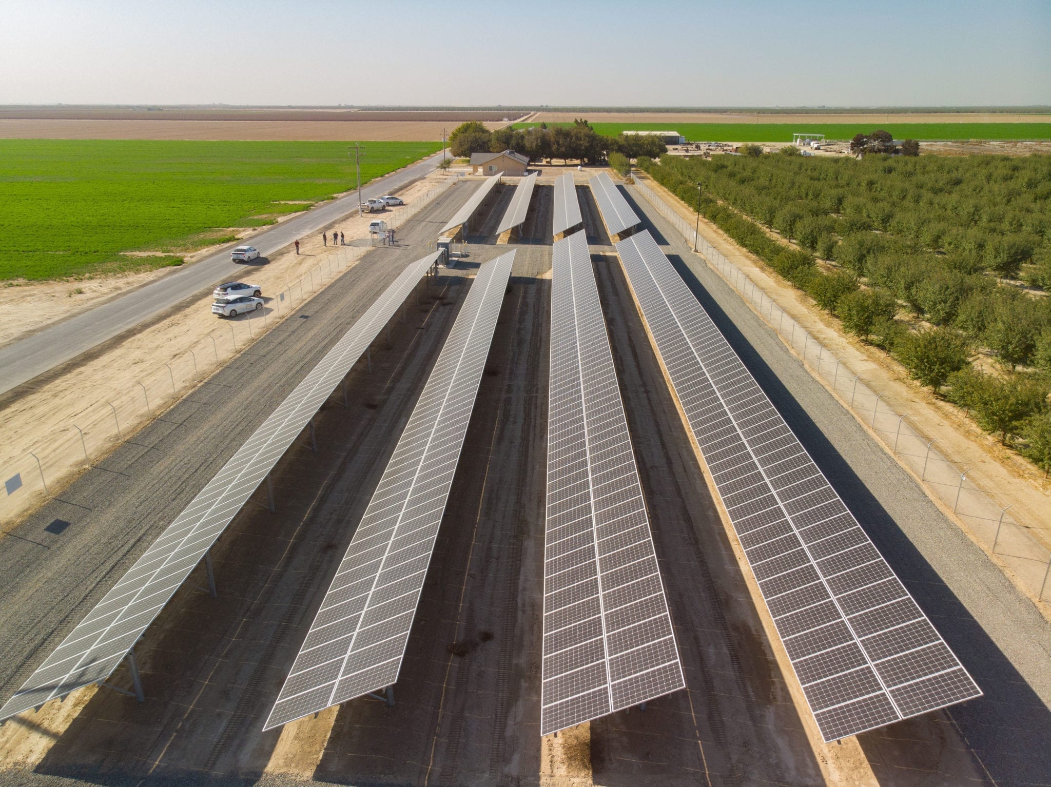 Aerial view of four rows of ground-mounted solar panels that make up the solar system at the Dan Habib Ranch in Fresno and surrounded by farm land.
