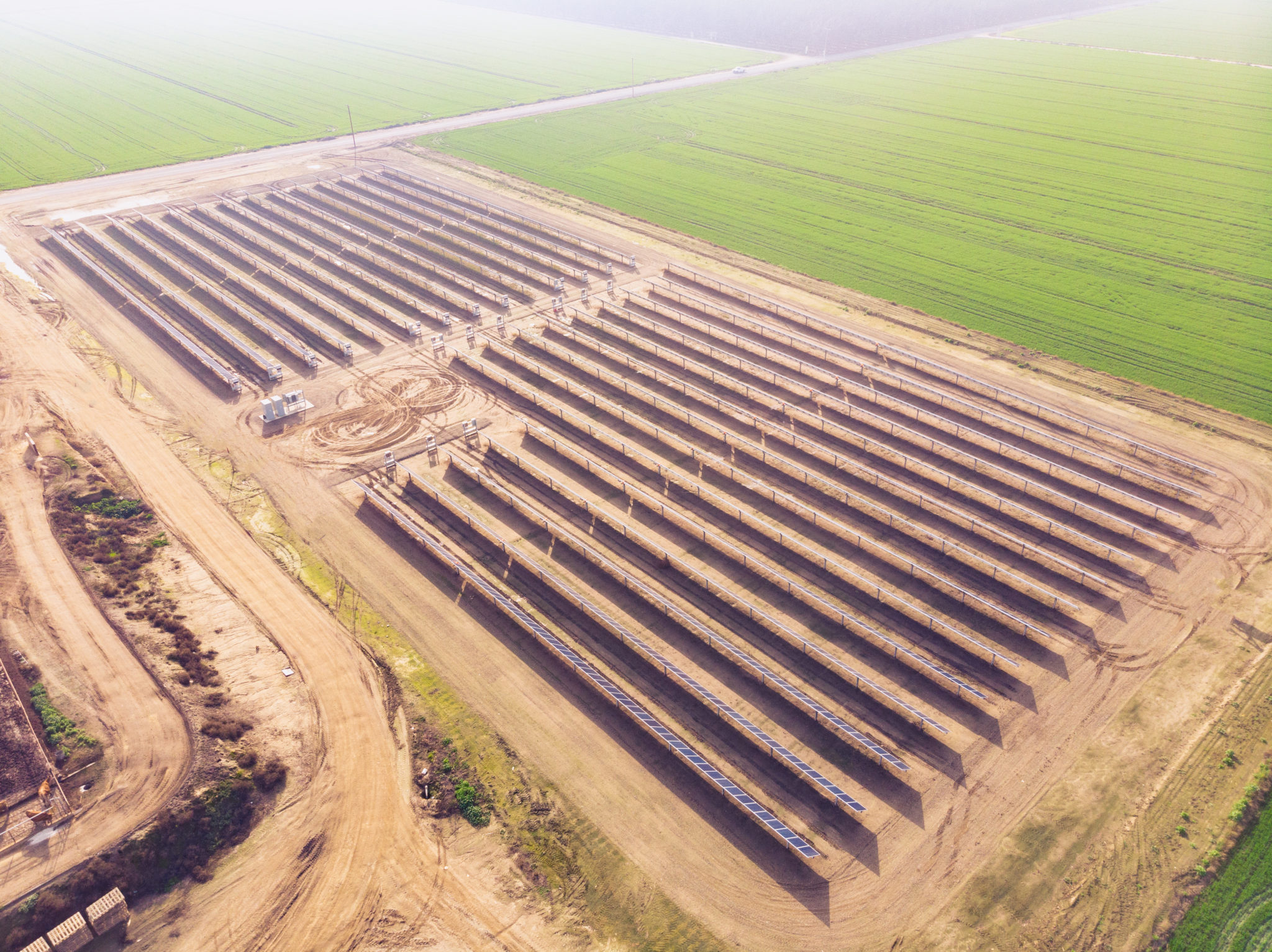 Aerial view of completed solar installation at Nunes & Sons Dairy in Tulare, California.