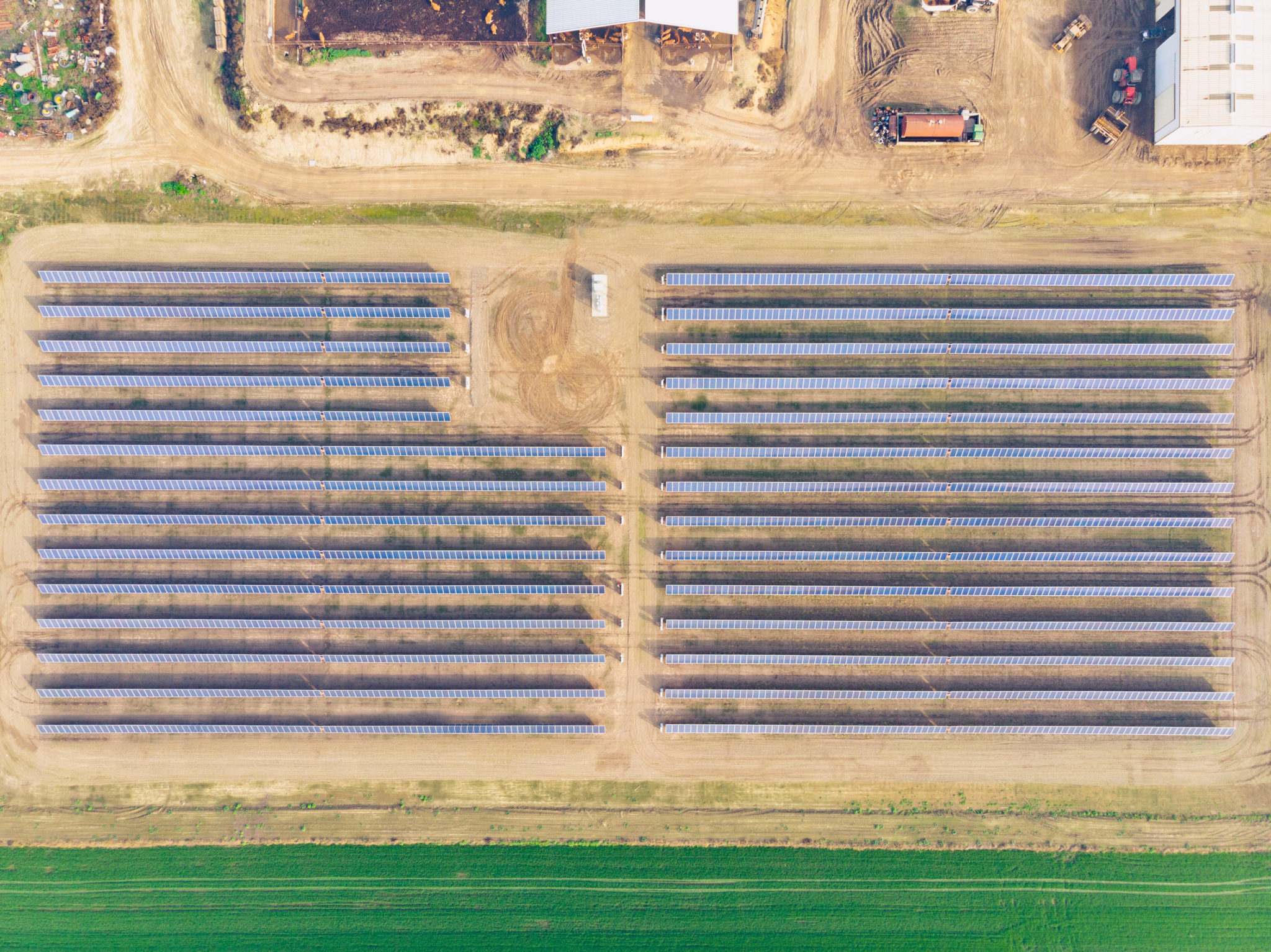 Aerial view of solar installation by Coldwell Solar at the Nunes & Sons Dairy in Tulare, California.