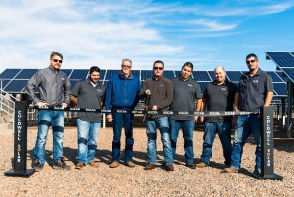 A group of people standing at the ribbon-cutting ceremony in front of an agricultural solar installation.