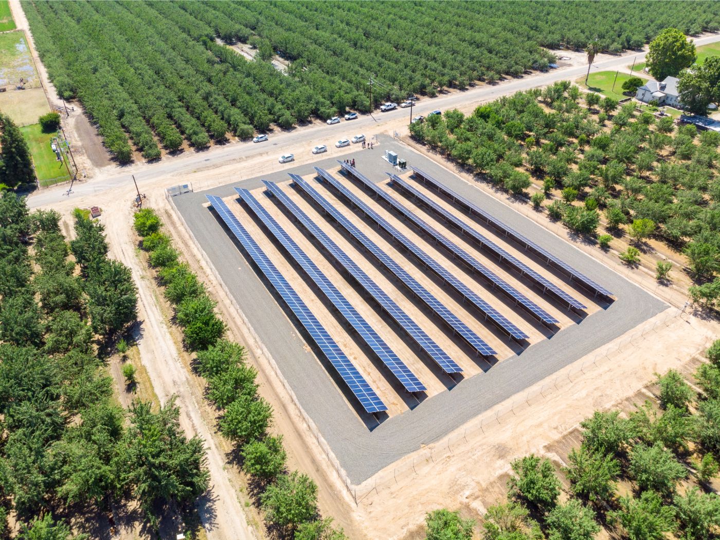 Aerial view of small solar installation in California agricultural land surrounded by planted crop trees.
