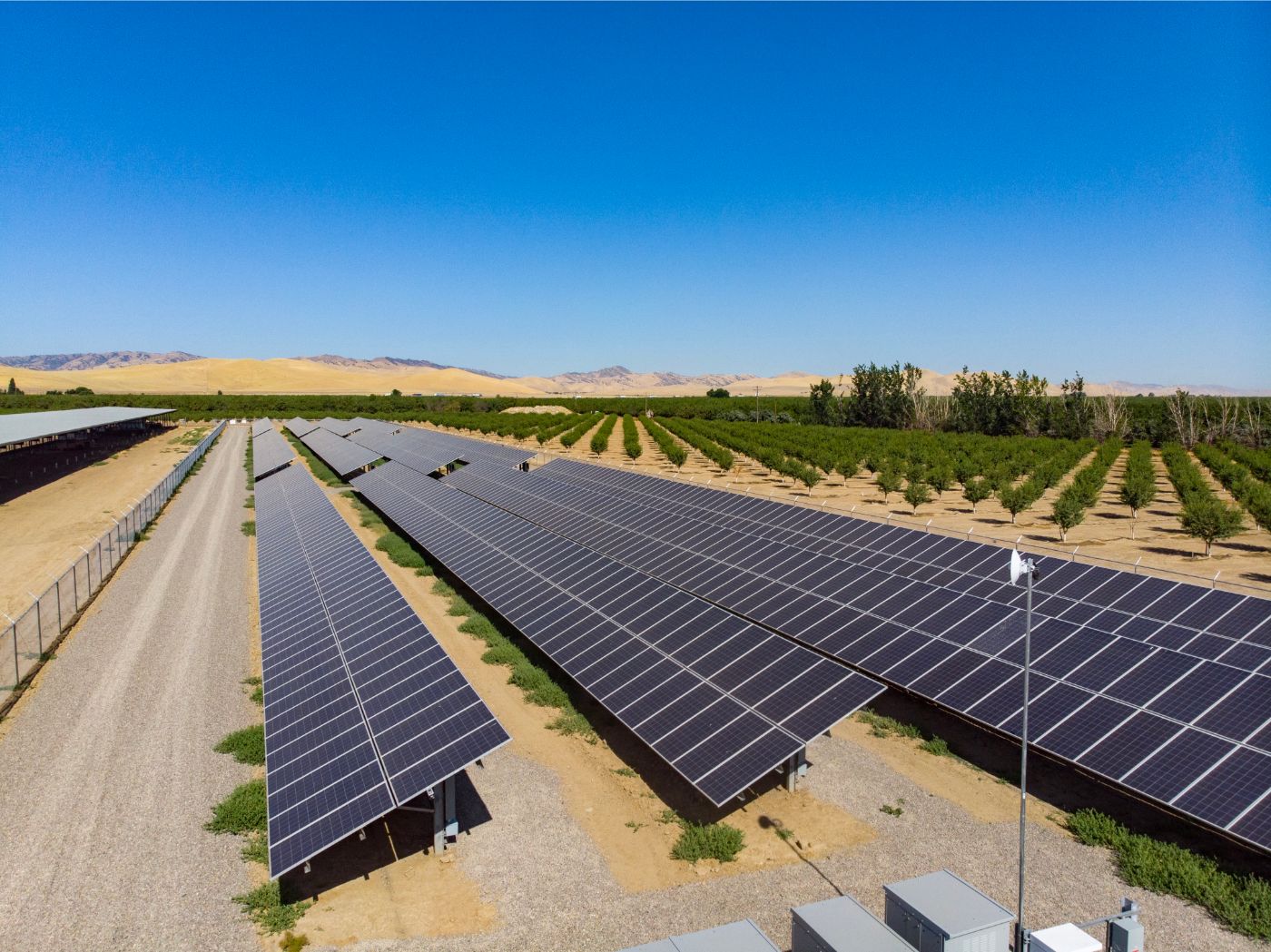 Aerial view of solar farm at Iyer Farms surrounded by planted crops and trees and brown hills in the background.