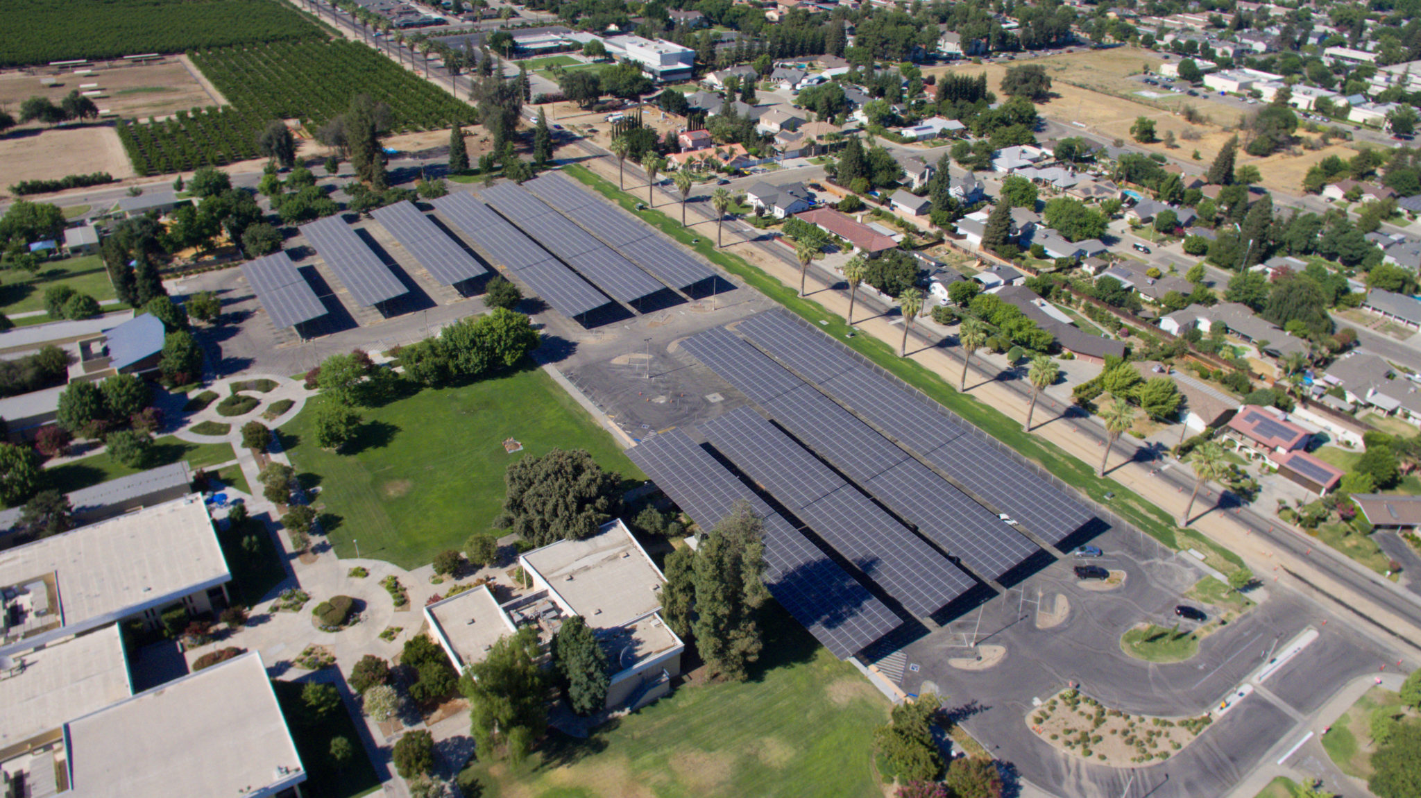 Aerial view of a solar carport constructed by Coldwell Solar in Fresno, California.