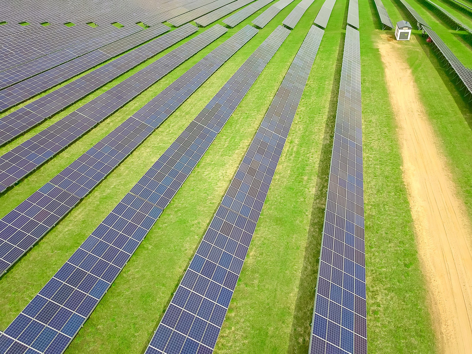 Aerial view of long rows of solar panels in a solar farm on green land.