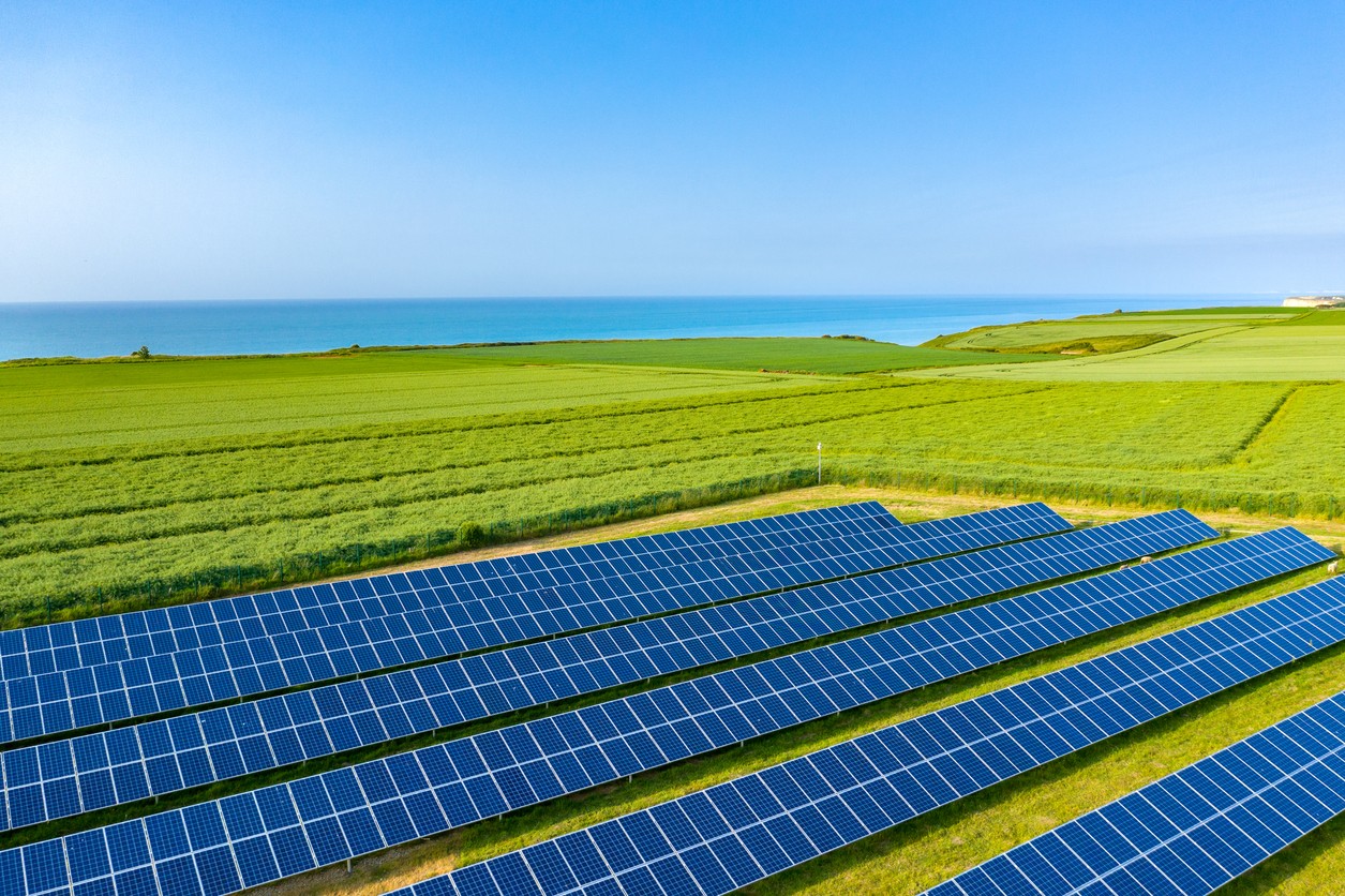 Six rows of blue solar panels in the foreground on green pastures with the ocean and blue sky in the background.