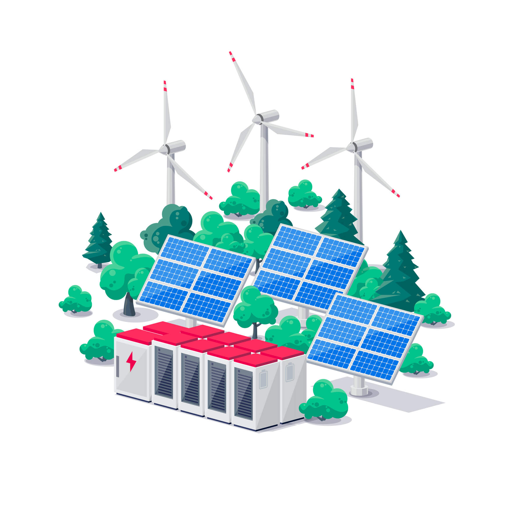 Illustration of solar battery storage units with solar panels and wind turbines.