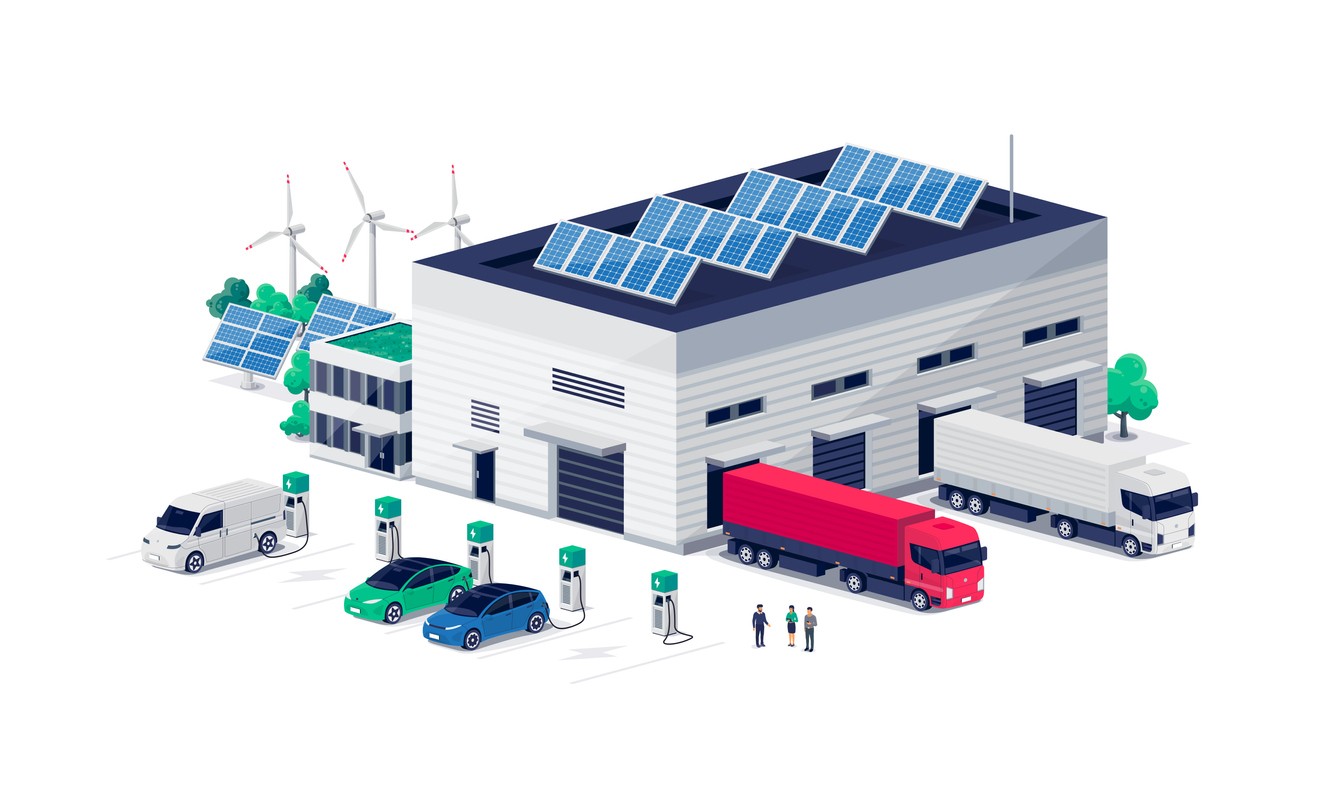 Illustration of a warehouse with solar panels on the roof, two electric trucks parked at the loading docks and electric cars at charging stations.