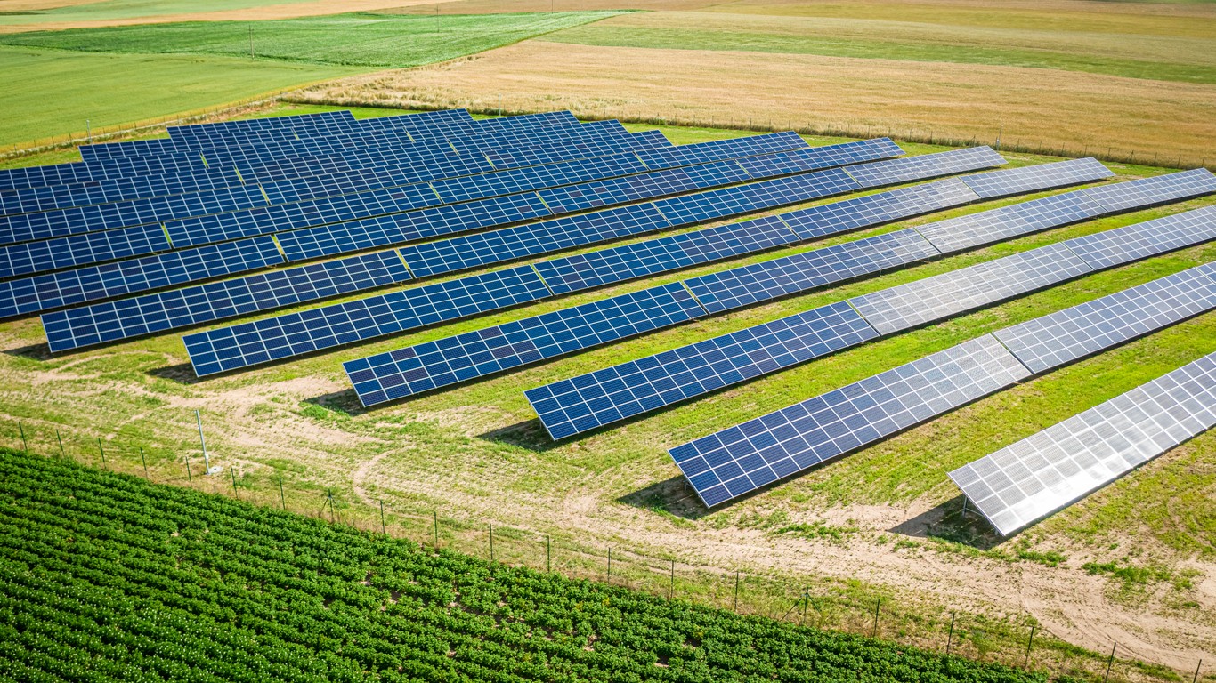 Rows of blue solar panels in a small solar farm on agricultural land with rows of green crops in the foreground and pastures in the background.