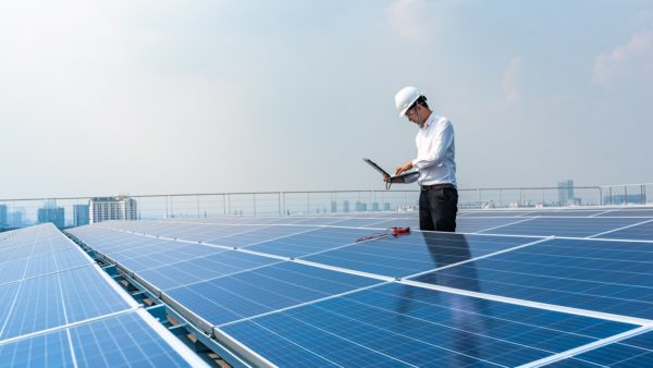 Solar engineer checking the performance of solar panels on the roof of a commercial building. 