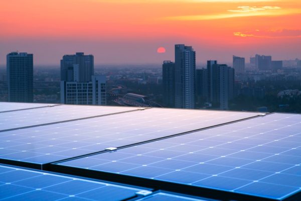 Close-up view of solar panels against a city skyline at sunset.