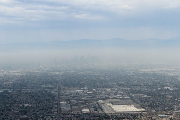 Aerial view of air pollution in Los Angeles, California. 
