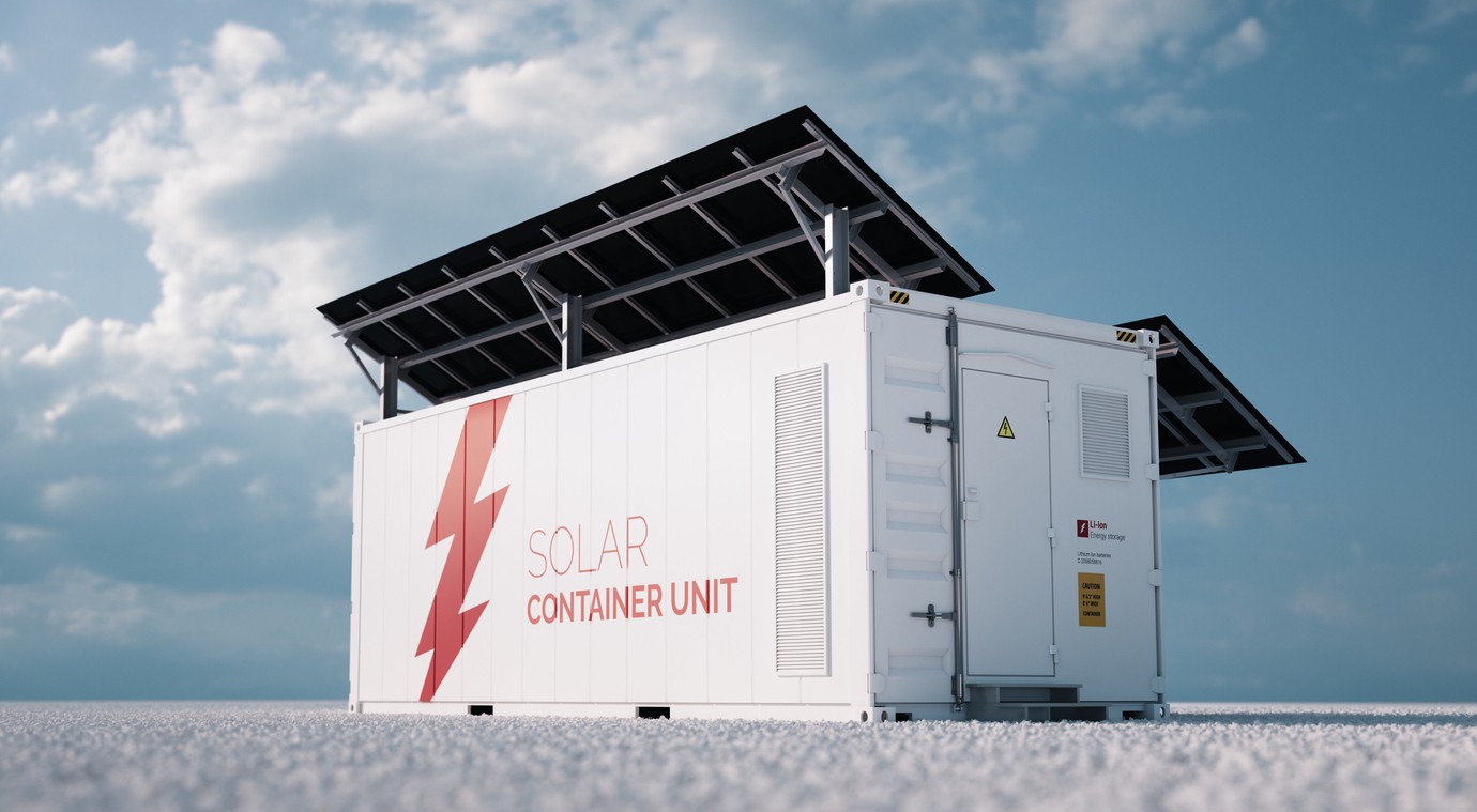 Rendering of a standalone solar energy battery storage unit with solar panels on roof and a blue sky.
