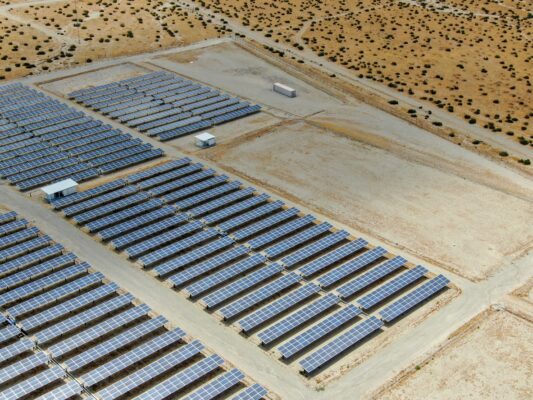 Aerial view of solar farm in Palm Springs, California. 