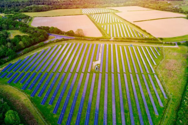Aerial view of solar farm on agricultural land. 