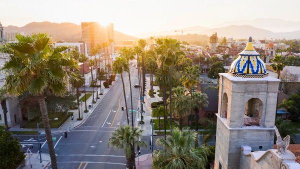 Sunset in downtown San Bernardino, California.