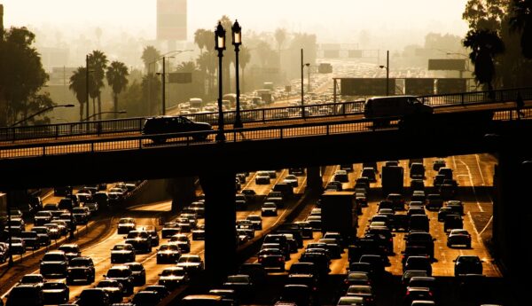 Traffic and air pollution in downtown Los Angeles. 