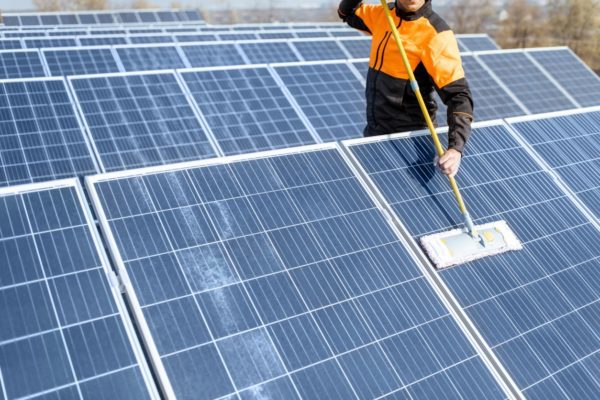 Solar company worker standing behind a row of ground-mounted solar panels and cleaning it with a soft mop.