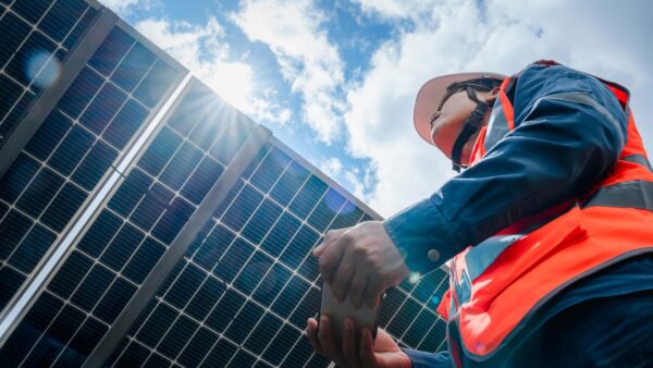 Looking up at a solar company worker holding a mobile phone and testing a ground-mounted solar panel against a blue sky with clouds.